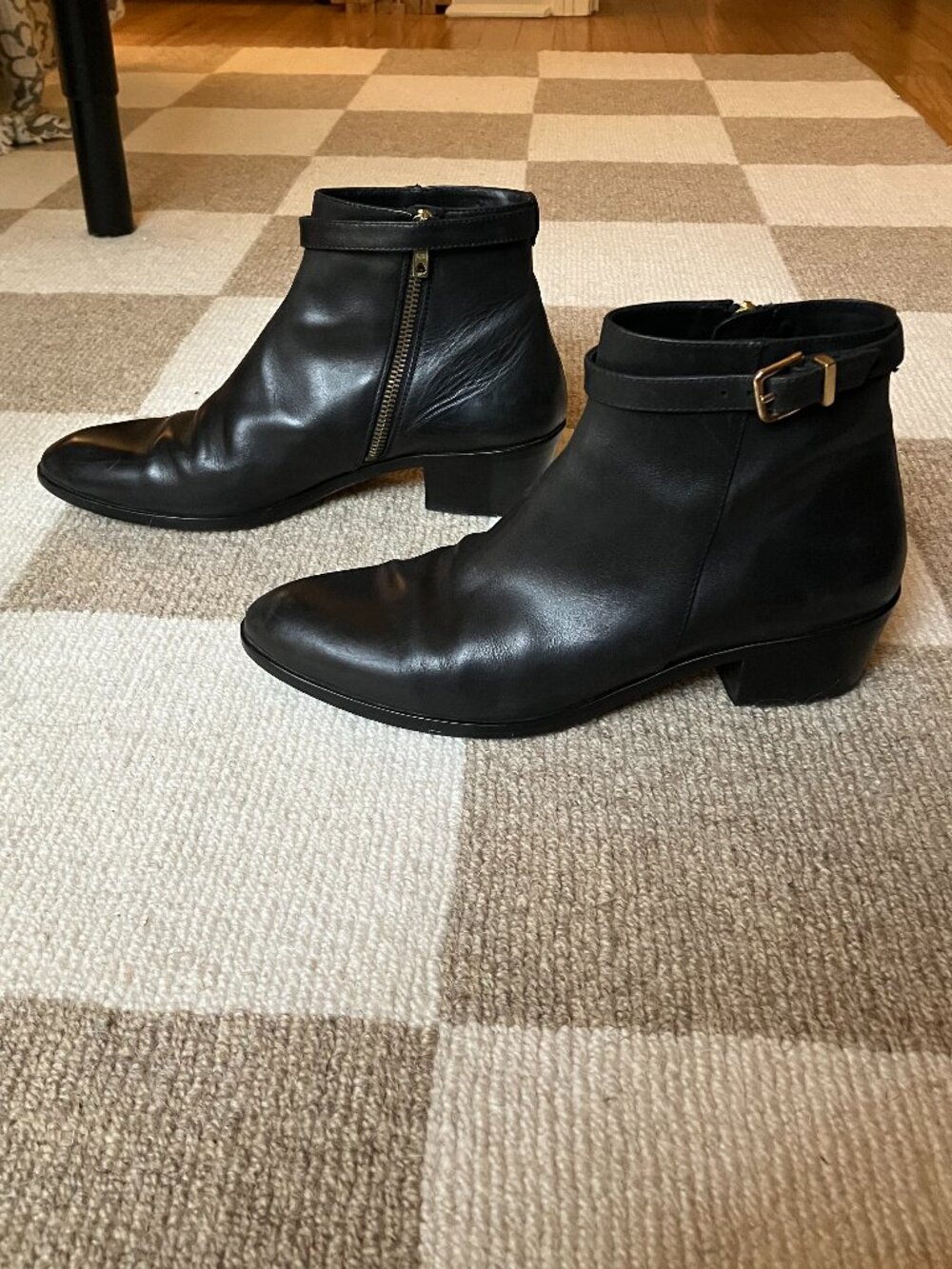 J. Crew Black Italian Leather Ankle Boots w/ Ankle Strap and Gold Buckle
